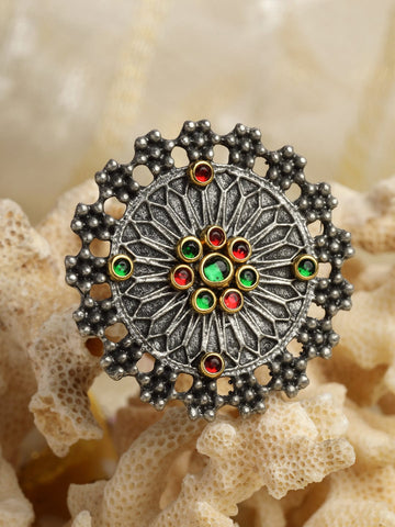 Crystal-Studded Antique Tribal Design Oxidised Finger Ring