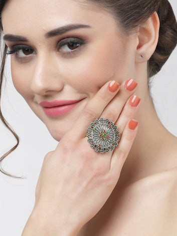 Crystal-Studded Antique Tribal Design Oxidised Finger Ring