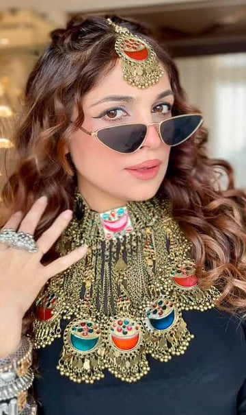 Kiara Meenakari Work Afghan Tribal Design Oxidised Gold Plated Handcrafted Necklace With Maangtika