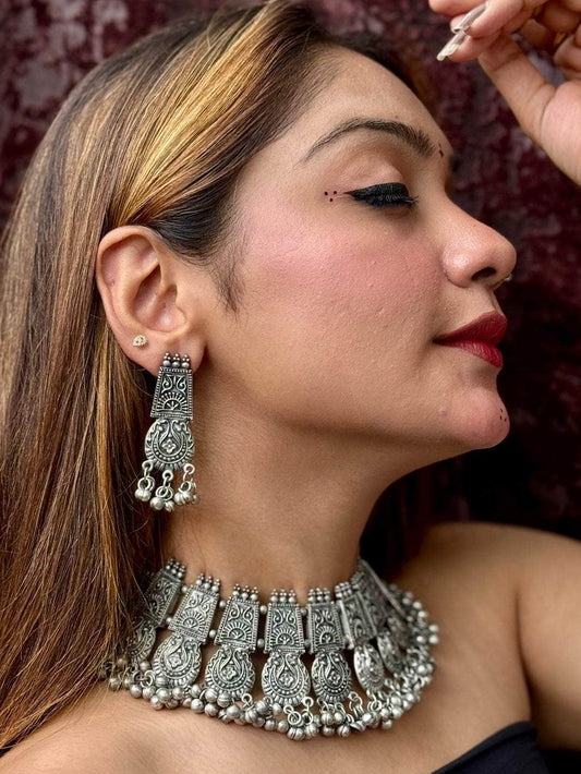 Navratri Special Oxidised Silver-Plated Tribal Filligree Temple Chokar Jewellery Set