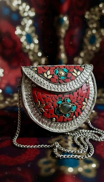 Red Women Silver Plated Mosaic Work Clutch
