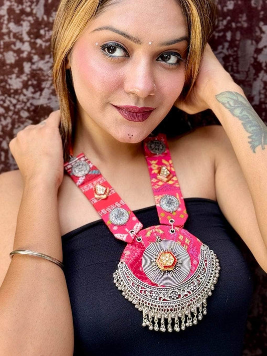 Pink Color Kundan Studded Hand Crafted Fabric Afghan Necklace