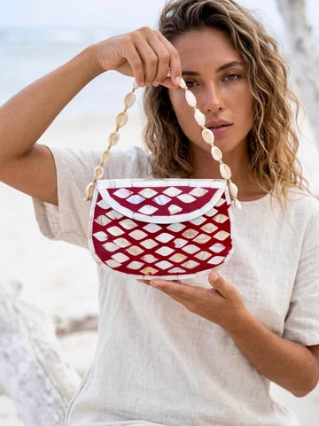 Boho Handcrafted Mother of Pearl Cowrie Statement Sling Clutch - Red