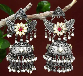 Navratri Special Boho Banjara Oxidised Silver Plated Handcrafted Chandelier Jhumkas