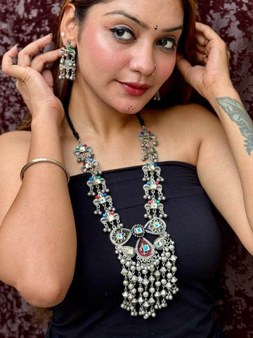 Silver-Plated Stone-Studded Meenakari Antique Oxidised Jewellery Set