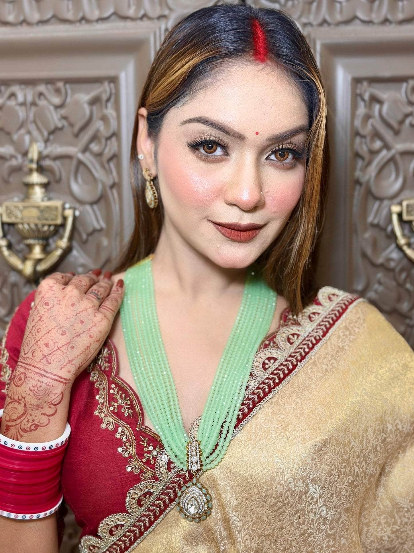 Nayab Antique Gold-Plated Lime Green Onyx AD Jadau Handcrafted Jewellery Set