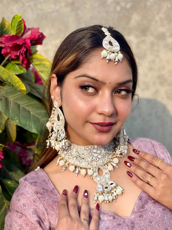 Rangrez -  Handcrafted White & Silver Color Haldi Mehndi Bridal Set With Resham, Dabka and Pearls detailing