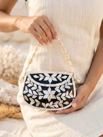 Boho Handcrafted Mother of Pearl Cowrie Statement Sling Clutch