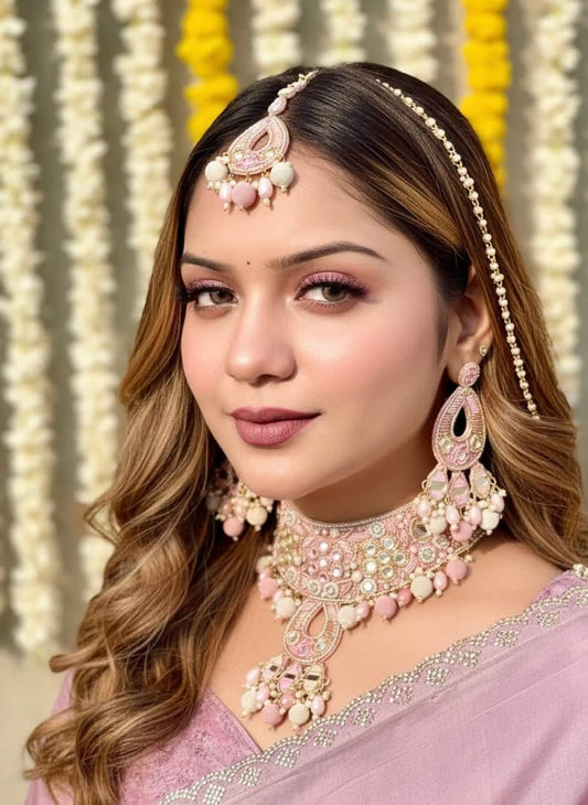 Rangrez -  Handcrafted Pastel Pink Color Haldi Mehndi Bridal Set With Resham, Dabka and Pearls detailing