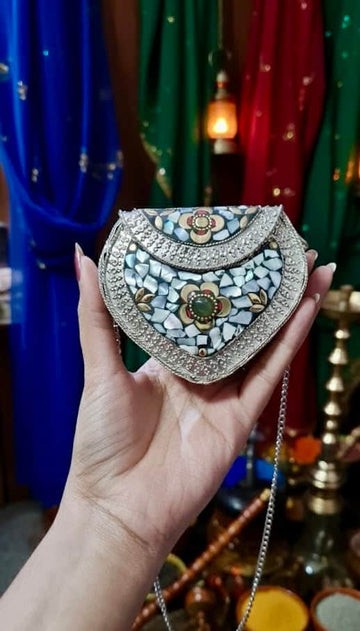 Women Silver Plated Heart Shape mosaic Work Clutch