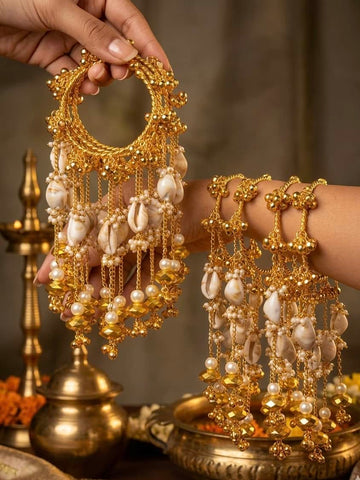 Jhankaar Cowri & Ghungroo Golden Dulhan Kaleera Bangles Stack - Adjustable