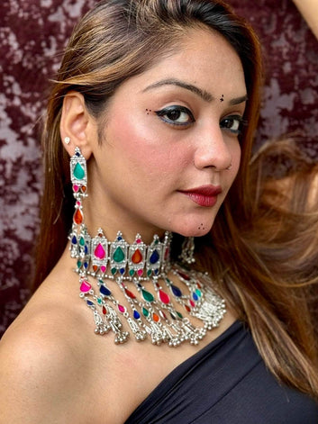 Navratri Special Multi Colored Handcrafted Meenakari Work Afghan Tasselled Design Oxidised Choker Jewellery Set