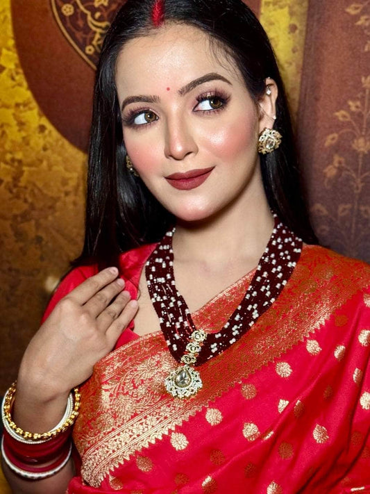 Nazakat Antique Gold-Plated Maroon & White Onyx AD Studded Handcrafted Jewellery Set