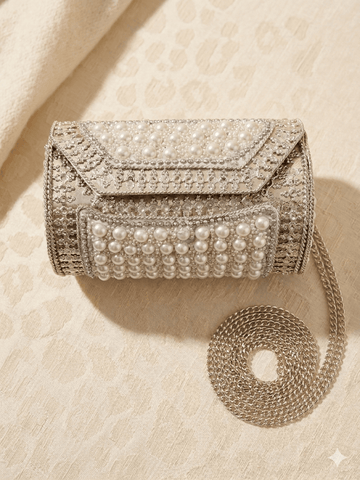 Silver Plated Pearl Studded Statement Handcrafted Dholki Clutch