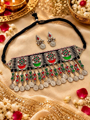Pakiza Red & Green Color Meenakari Handcrafted Oxidised Silver Plated Afghan Jewellery Set