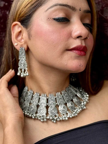 Navratri Special Oxidised Silver-Plated Tribal Filligree Temple Chokar Jewellery Set