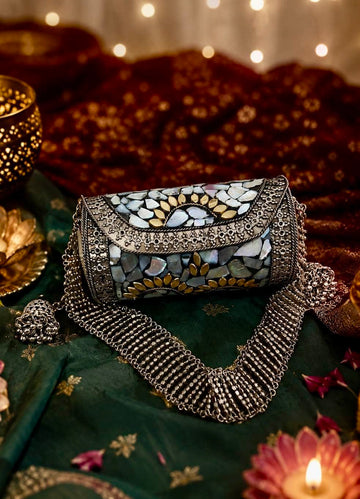 Women Silver Plated Mosaic Work With Jhumki & Handle Detailing Clutch