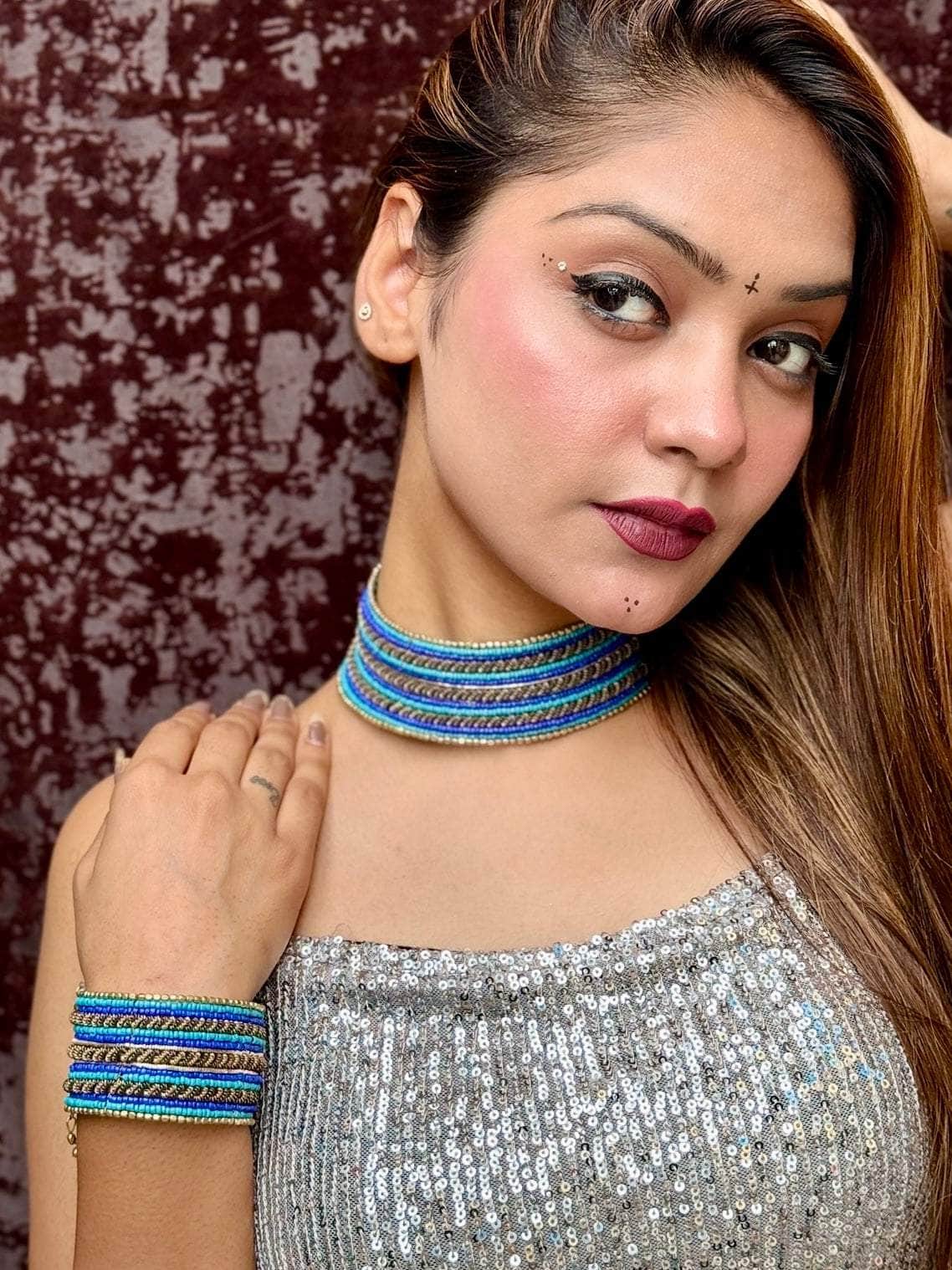 Blue Handcrafted Beaded Chokar & Bracelet Jewellery Set