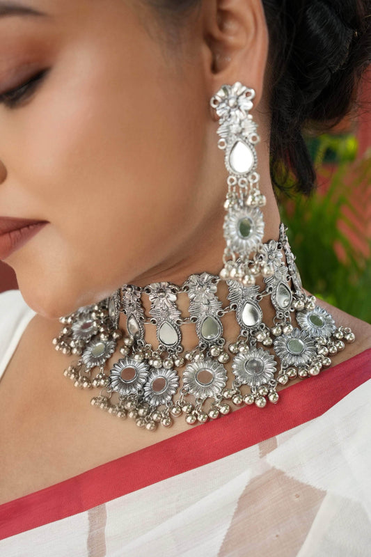 Navratri Special Oxidised Silver-Plated Mirror Studded Chokar Jewellery Set