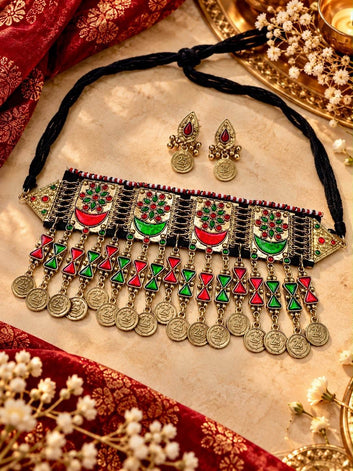 Pakiza Red & Green Color Meenakari Handcrafted Oxidised Gold Plated Afghan Jewellery Set