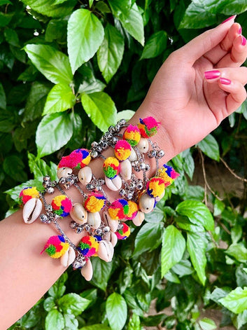 Jhankaar Boho Cowri & Pompom Studded Ghungroo Silver Adjustable Bangles Stack - 4 PCS Set