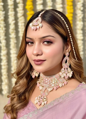 Rangrez -  Handcrafted Pastel Pink Color Haldi Mehndi Bridal Set With Resham, Dabka and Pearls detailing