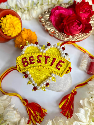 Handcrafted Bestie Sister Pearl Studded Multi Strand Rakhi with Roli-Chawal