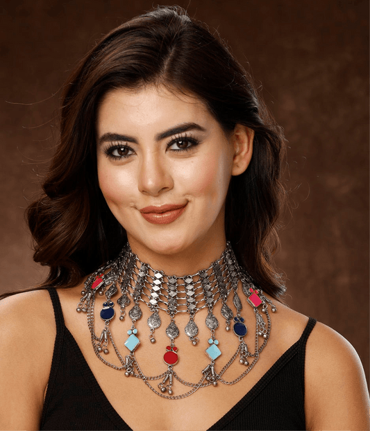 Navratri Special Meenakari Multi Chains Oxidised Afghan Choker Necklace