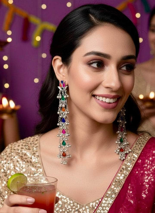 Kashmiri Handpainted Meenakari Work Silver Plated Earrings