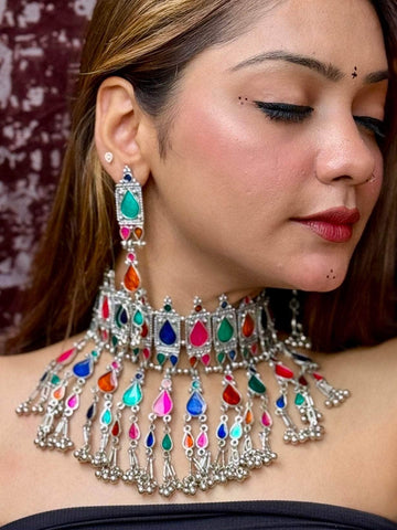 Navratri Special Multi Colored Handcrafted Meenakari Work Afghan Tasselled Design Oxidised Choker Jewellery Set