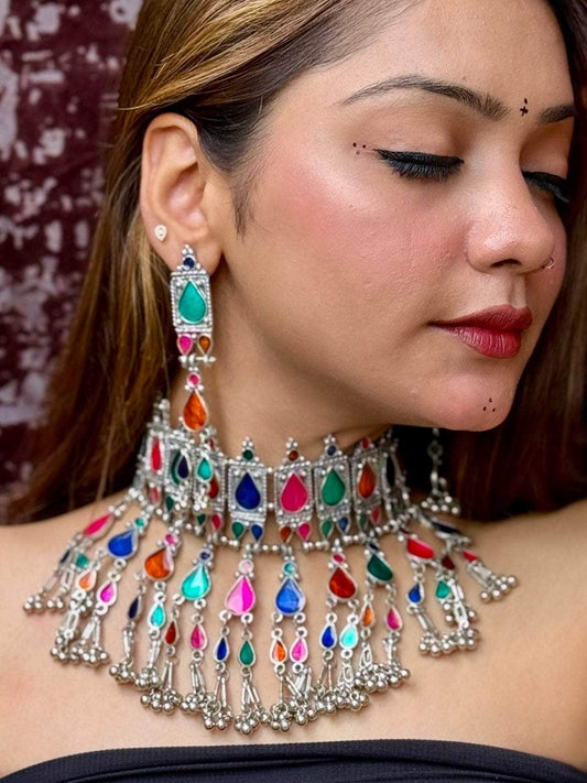 Navratri Special Multi Colored Handcrafted Meenakari Work Afghan Tasselled Design Oxidised Choker Jewellery Set