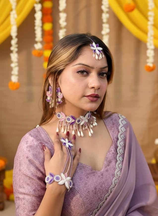 Lavender & White Handcrafted Haldi-Mehendi Contemporary Design Combo Jewellery Set