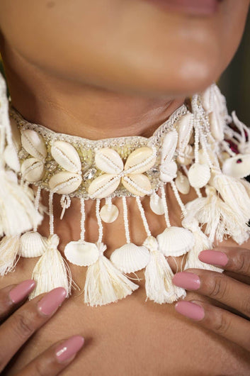 Zia – Pearl & Cowri Studded Handcrafted with Silk Tessels Choker Jewellery Set