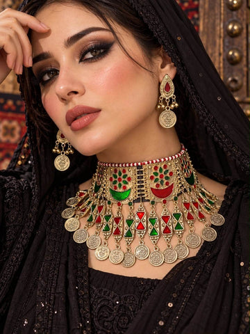 Pakiza Red & Green Color Meenakari Handcrafted Oxidised Gold Plated Afghan Jewellery Set