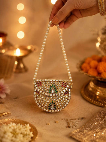 Regal Round Pearl Handle Kundan Studded Statement Clutch