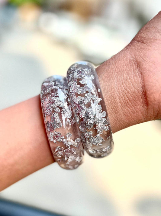 Sofia Handcrafted Resin Transparent Silver Foil Bangles Stack - 2 PCS Set
