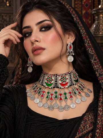 Pakiza Red & Green Color Meenakari Handcrafted Oxidised Silver Plated Afghan Jewellery Set