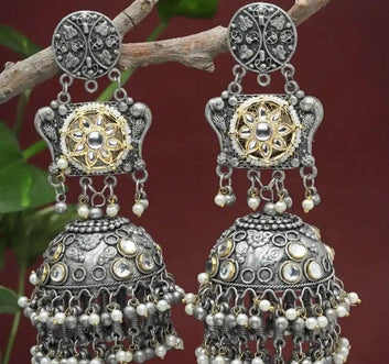 Navratri Special Boho Banjara Oxidised Silver Plated Handcrafted Chandelier Jhumkas