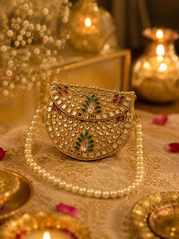 Regal Round Pearl Handle Kundan Studded Statement Clutch