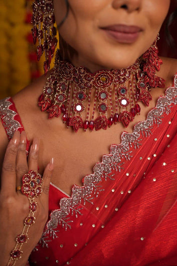 Aarzoo Dabka Handcrafted Bridal Set With Resham and AD detailing