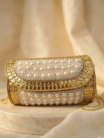 Gold Plated Pearl Studded Handcrafted Statement Dholki Clutch