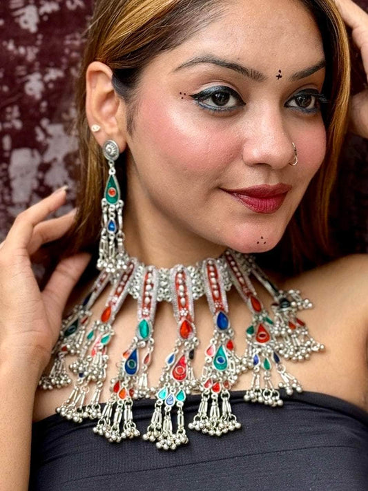 Navratri Special Multi Colored Handcrafted Meenakari Work Afghan Tasselled Design Oxidised Choker Jewellery Set