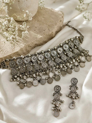 Tara Oxidised Silver-Plated Tribal Filligree Temple Handcrafted Jewellery Set