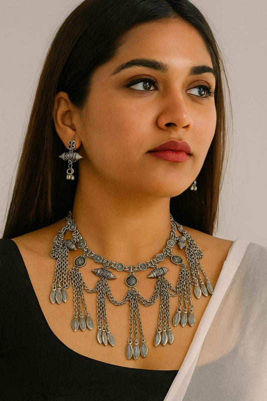 Oxidised Silver Plated Navratri Special Tasselled Design Ghungroo Studded Jewellery Set