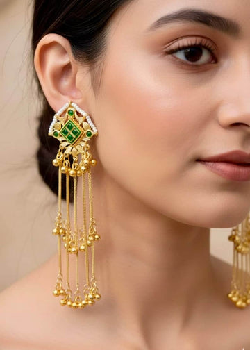 Green Color Kashmiri Gold Plated Meenakari Brass Earrings