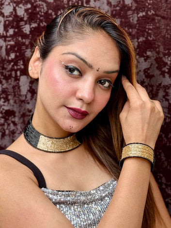 Black Handcrafted Beaded Chokar & Bracelet Jewellery Set