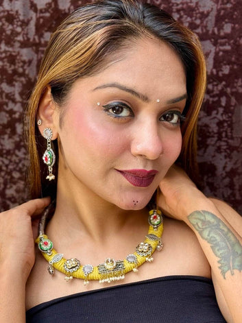 Yellow Kundan Studded Handwoven Jute Hasli Jewellery Set