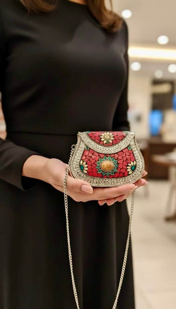 Red Women Silver Plated Mosaic Work Clutch