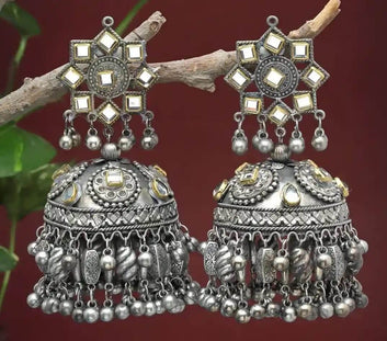 Navratri Special Boho Banjara Oxidised Silver Plated Handcrafted Chandelier Jhumkas