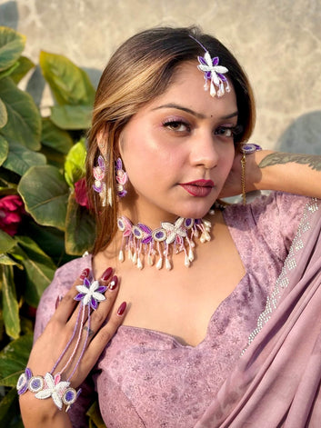 Lavender & White Handcrafted Haldi-Mehendi Contemporary Design Combo Jewellery Set